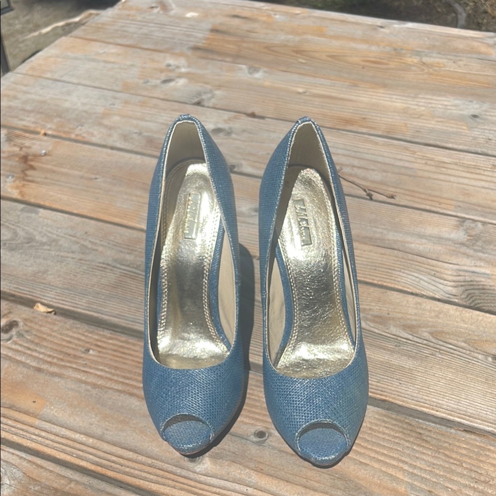Wild Pair Blue and Gold Peep-Toe Heels